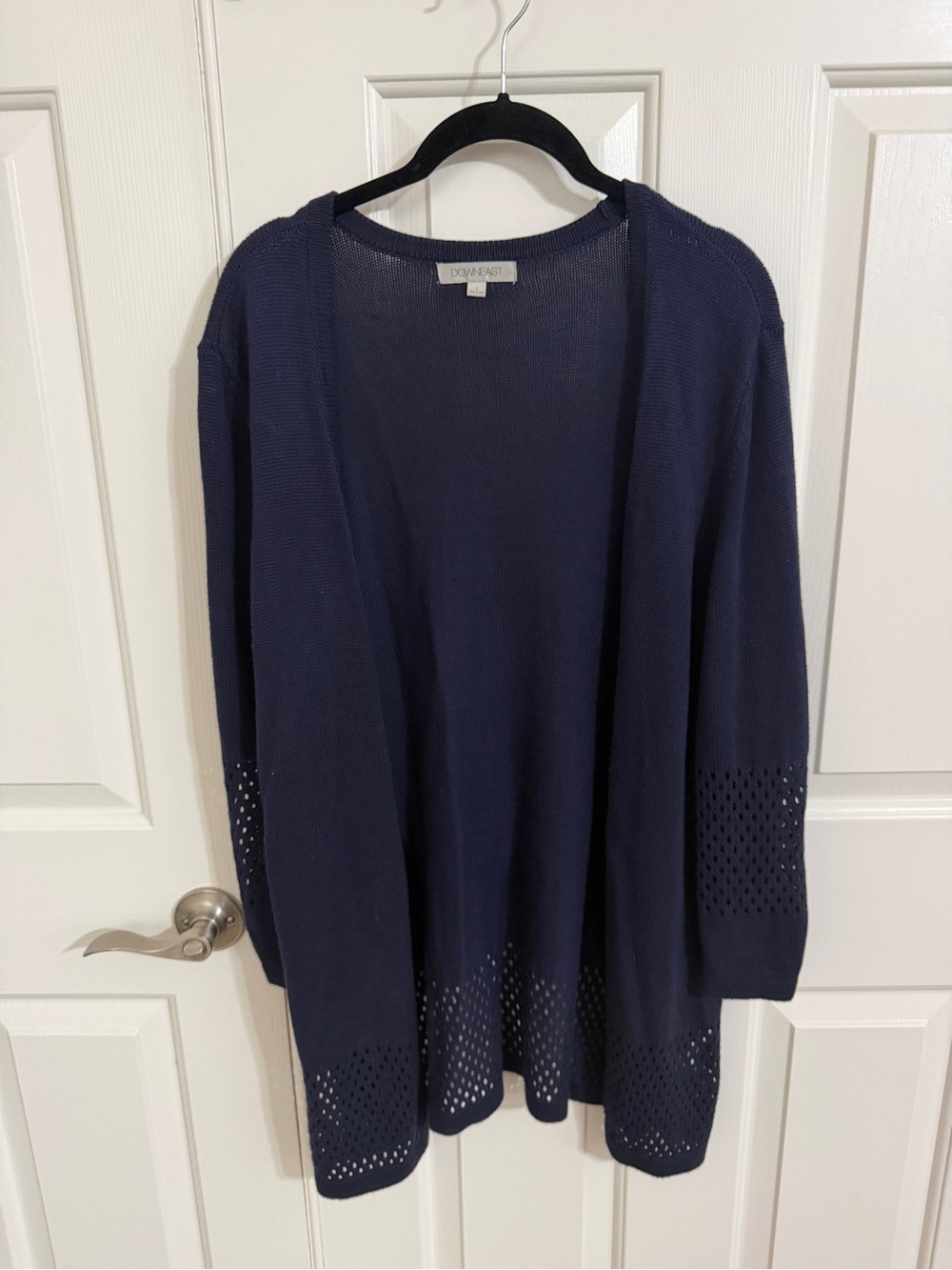 DownEast L Navy Cotton Blend Open Front Longline Cardigan Pointelle Eyelet Hem